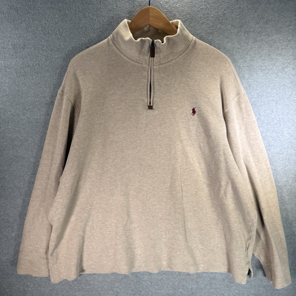 Polo Ralph Lauren Sweater Mens 2XL Dark Beige 1/4 Zip Pullover Knit Preppy Pony